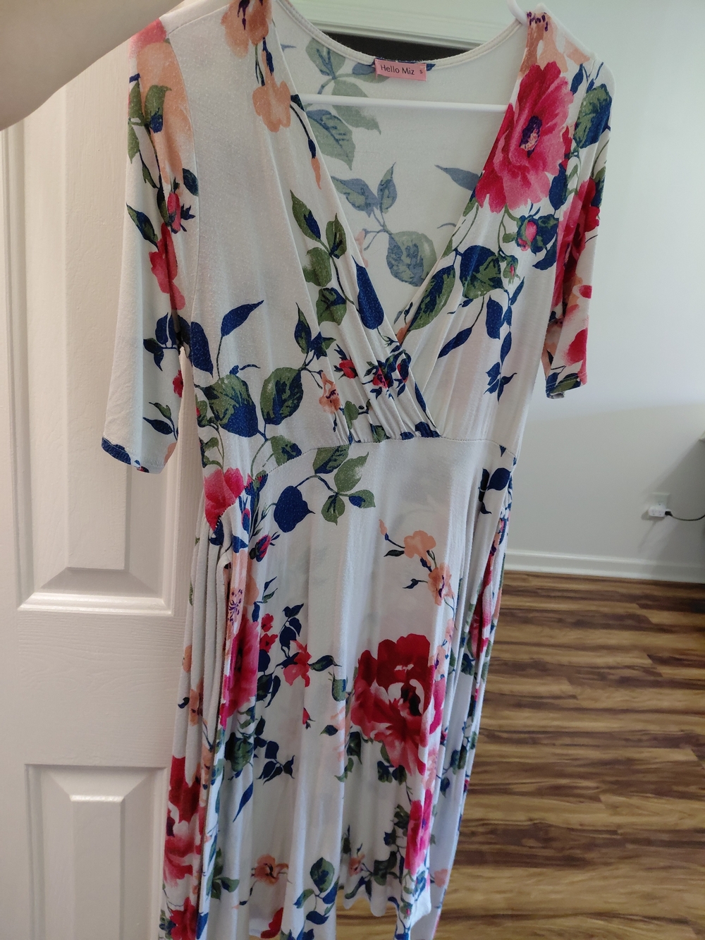 Hello MIZ White Floral Wrap Dress with Pink and Blue Blooms